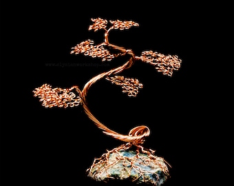 Mini Handmade Copper Wire Bonsai Tree Green Moss Agate Crystal