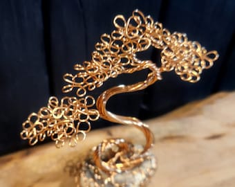 Wire Copper Bonsai Tree Sculpture on Petrified Wood