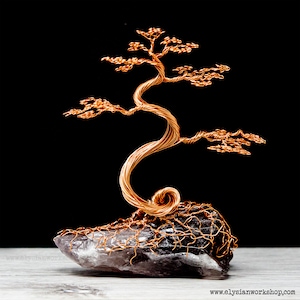Copper Wire Wide Bonsai Tree Sculpture on Amethyst Crystal