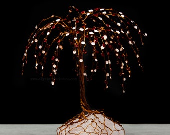 Queen of Hearts Red White Wire Willow Bonsai Tree Rose Quartz Crystal