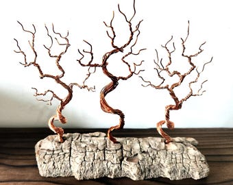 Copper Wire Birch Forest Tree Sculpture set on beautiful sun bleached driftwood from Lake Huron Ontario Canada