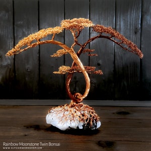 Rainbow Moonstone Twin Entwined  Copper Bonsai Wire Tree Friendship Love Valentines 7th 13th Anniversary Gift Sculpture Home Decor Crystal