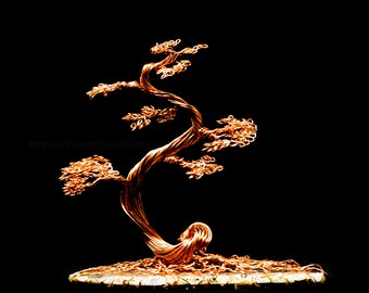 Copper Wire Cascade Bonsai Tree Sculpture on Grey Brown Agate Crystal