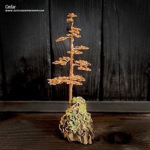 May include: A copper wire sculpture of a cedar tree on a small rock base. The tree is made of many small loops of wire, creating a realistic look. The rock base is covered in green moss.