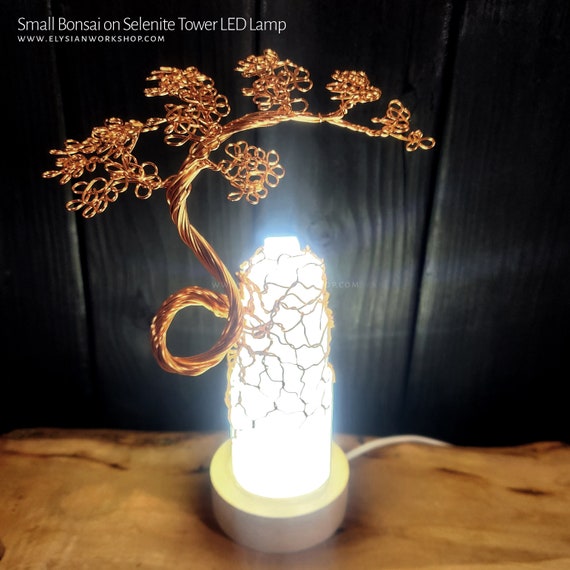 USB LED Lamp Copper Wire Bonsai Tree on White Selenite Sphere
