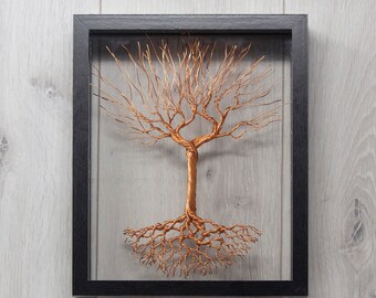 Floating Copper Wire Tree of Life Sculpture in Black Wood Frame