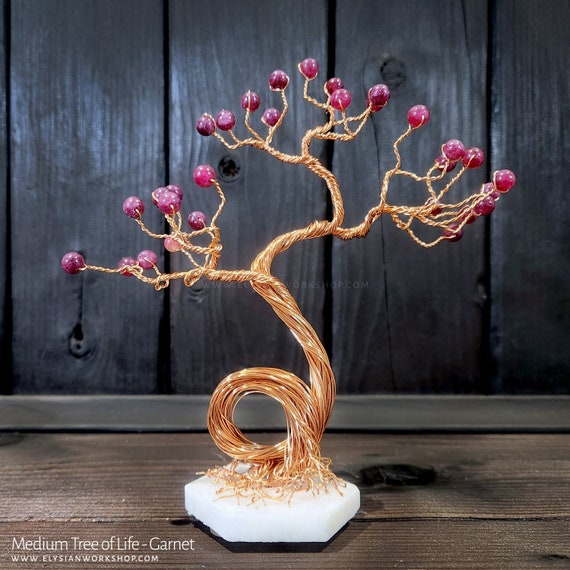 Garnet Copper Tree of Life Wire Bonsai Sculpture Crystal