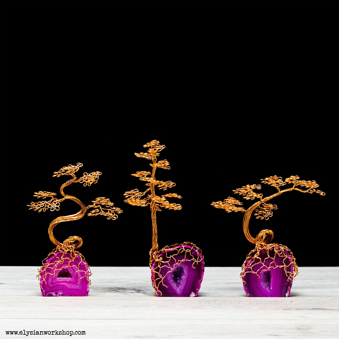 Mini Copper Wire Bonsai Forest Tree Pink Agate Crystal Set of 3 - Etsy