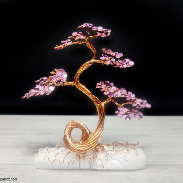 Medium Copper Wire Bonsai Tree on Selenite Crystal - Violet Cherry Blossom Fall Japan Japanese Art Decor Sculpture Metal Bonsai Art