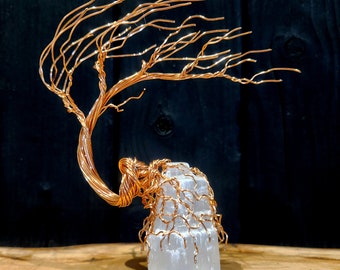 Petite Handmade Copper Wire Windswept Bonsai Tree Selenite Tower Crystal