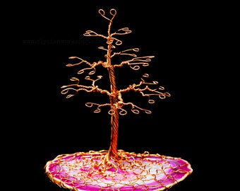Medium Copper Wire and Pink Agate Crystal Jewelry Earring Tree Sculpture