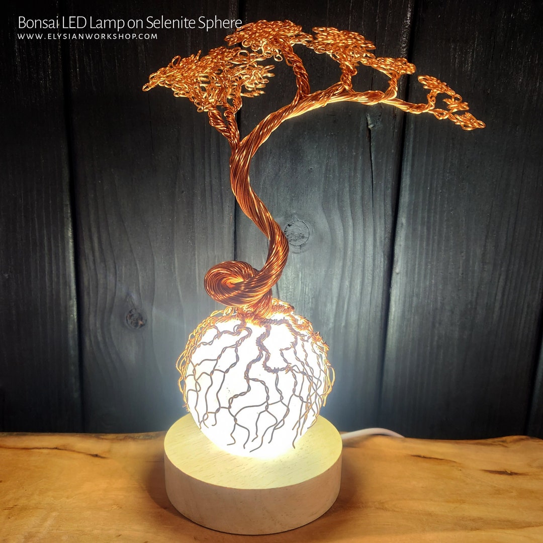 USB LED Lamp Copper Wire Bonsai Tree on White Selenite Sphere Crystal