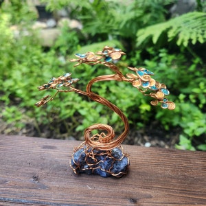Mini Copper Wire Bonsai White on Sodalite Crystal and Painted Enamel Leaves