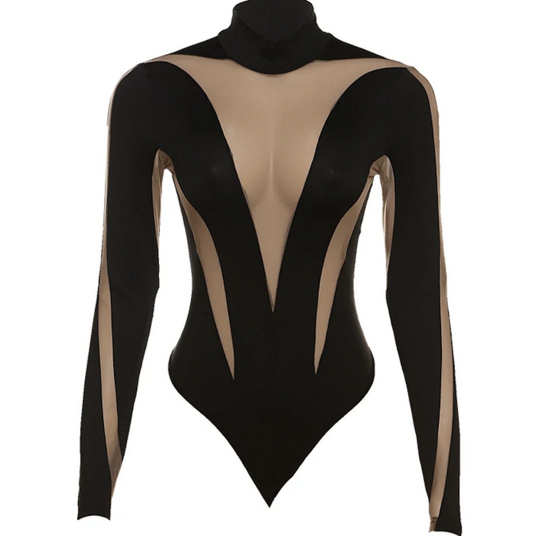 Black Mesh Bodysuit Black Stretch Bodysuit Performance Clothes Etsy