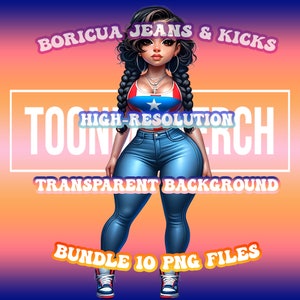 Boricua jeans en kicks chibi-stijl - Puerto Ricaanse digitale kunst - Boricua Women - P FKN R PNG bundel voor POD Boricua clipart