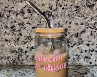 Cafe y Chisme | Coffee Glass Can | Pink Cofee Cup | Cafecito | Glass can with Lid