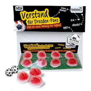 May include: A packet of gummy sweets with the text "Verstand für Dresden-Fans" and a football graphic. The sweets are red and white, arranged on a green surface. Two small football sweets are in the foreground.