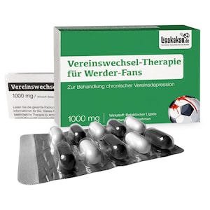 Puede incluir: Una caja verde y blanca de cápsulas con el texto "Vereinswechsel-Therapie für Werder-Fans" y un gráfico de balón de fútbol. Un blíster de cápsulas negras y blancas está delante de la caja. El texto "1000 mg" es visible.