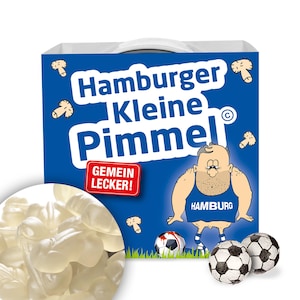 May include: A blue box with the text "Hamburger Kleine Pimmel" and a cartoon character wearing a blue tank top that says "Hamburg". The box has a handle and is decorated with small cartoon penises. There are three footballs and a close-up of gummy candies.