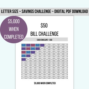 50 Dollar Bill Savings Challenge - Letter Size