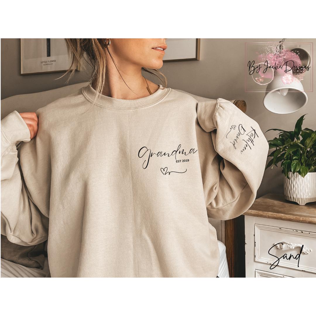 Custom Grandma Sweatshirt with Children Name on Sleeve, Crewneck or Hoodie, Personalized Gift for Grammy, Neck Nana Granddaughters Names