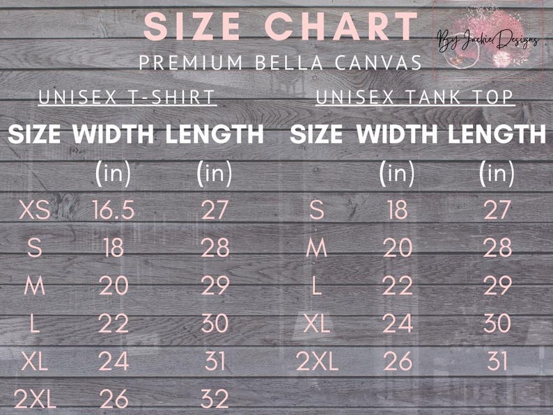 K&ouml;nnte beinhalten: Gr&ouml;&szlig;entabelle f&uuml;r Unisex-T-Shirts und Tanktops aus Bella Canvas Stoff. Die Tabelle zeigt die Breite und L&auml;nge in Zoll f&uuml;r die Gr&ouml;&szlig;en XS, S, M, L, XL und 2XL.