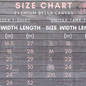 Op de afbeelding: Maattabel voor unisex T-shirts en tanktops gemaakt van Bella Canvas stof. De tabel toont de breedte- en lengtemaat in inches voor de maten XS, S, M, L, XL en 2XL.