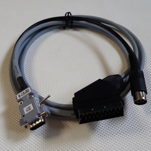 Peut inclure: Un câble gris avec un connecteur SCART noir à une extrémité et un connecteur D-sub 15 broches à l'autre extrémité. Le câble est étiqueté "15 COLORS" et "C128  RC20".