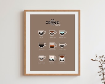 Enseigne Coffee Bar sur fond marron, impression du guide du café, art mural café, impression café, affiche café, cadeaux café, impression à télécharger