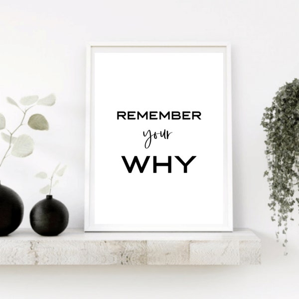 REMEMBER YOUR WHY Affirmation Wall Art to Inspire, Instant Digital Download Printable Art, Simple Minimalist Style, Office Quote Decor Print