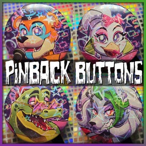 May include: Four colorful pinback buttons featuring cartoon characters. The buttons have a holographic background with star and geometric designs. The text "PINBACK BUTTONS" is displayed in a white, stylized font. Each button showcases a different character.