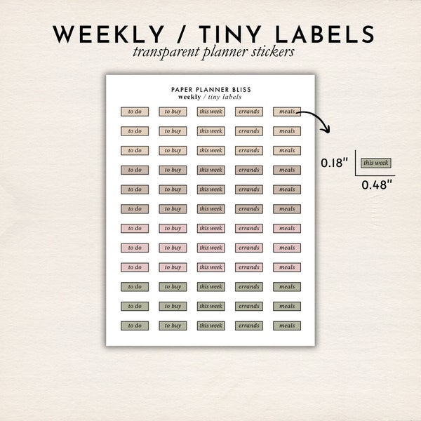 WEEKLY tiny LABEL STICKERS - Transparent stickers | label planner stickers | Small planner stickers | Functional stickers | to do | to buy