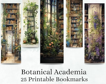Bundle de signets imprimables Botanical Academia, signets Fantasy téléchargements numériques, signet aquarelle 25 PNG et 25 sublimation de signet JPG