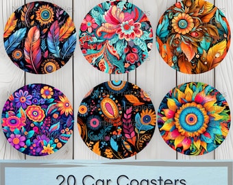 Boho Hippie Floral Car Coaster PNG, Floral, Car Coaster PNG, Boho PNG, Instant Downloads Sublimatie Design Autoaccessoires Hippie png