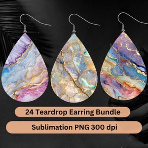 May include: Set of 24 teardrop-shaped earrings with a marbleized design featuring shades of pink, purple, blue, and gold. The earrings are made for sublimation and are 300 dpi.