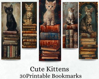 Afdrukbare bladwijzerbundel, schattige bladwijzers, Kitten PNG, digitale downloads, aquarelbladwijzer, 30 PNG en 30 JPG bladwijzersublimatie