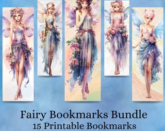 Fantasy Fairy Printable Bookmarks Bundle, Digital Downloads, Watercolor Bookmark, 15 PNG and 15 JPG Bookmark Sublimation Book Lover