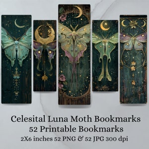 Printable Lesezeichen Bundle Celestial Luna Moth, Digitale Downloads, 52 PNG und 52 JPG Lesezeichen Sublimation