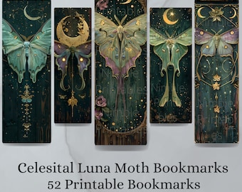 Afdrukbare bladwijzerbundel Celestial Luna Moth, digitale downloads, 52 PNG en 52 JPG bladwijzersublimatie