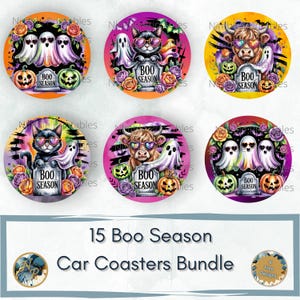 May include: A bundle of 15 car coasters with Halloween-themed designs. Each coaster features a circular design with ghosts, pumpkins, cats, and cows, along with the text "BOO SEASON". The coasters have a variety of colorful backgrounds.