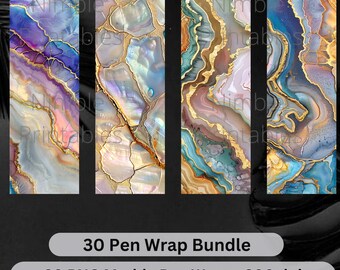 Op de afbeelding: 30 digitale pen wrap-ontwerpen met abstracte marmerpatronen in tinten blauw, paars, roze en goud. De ontwerpen zijn 300 dpi en perfect om een unieke touch aan je pennen te geven.
