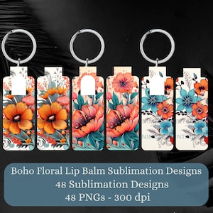 Boho magere lippenbalsem sublimatie bundel magere lippenbalsem houder PNG sleutelhanger tag fob digitale downloads, Instant Download bloemen, png