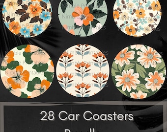 Coaster PNG,  Car Coaster PNG, Orange and Pink Floral Bundle Instant Downloads Sublimation Design Car Accessories