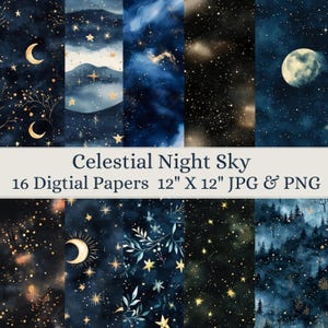Celestial Night Sky Digital Paper Pack Seamless Patter Scrapbook Paper Watercolor Background, Digital Download, Moon, Stars, Night Sky