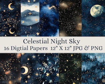 Celestial Night Sky digitaal papierpakket naadloos geklets plakboekpapier aquarel achtergrond, digitale download, maan, sterren, nachtelijke hemel