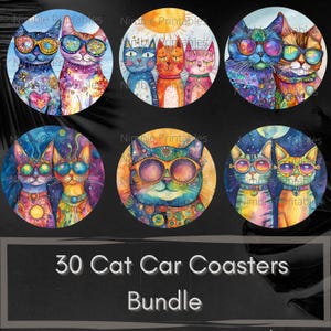 Whimsical Cat Car Coaster PNG,  Instant Downloads Sublimation Design Car Accessories Cat PNG, Funny Cat PNG, Cute Cat Coaster, Pet png