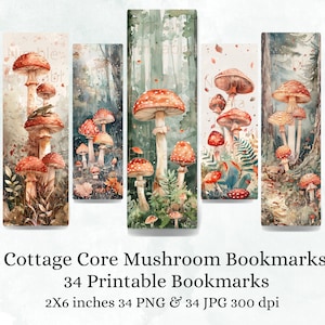 Puede incluir: Conjunto de 34 marcapáginas imprimibles de setas en estilo cottagecore. Los marcapáginas presentan ilustraciones de acuarela de setas rojas y blancas en un entorno de bosque. Cada marcapáginas mide 5 cm por 15 cm y está disponible en formatos PNG y JPG a 300 dpi.