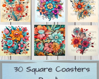 Boho Floral Square Coaster PNG, Coaster Bundle, Floral png, Boho PNG, Instant Downloads Sublimation Design