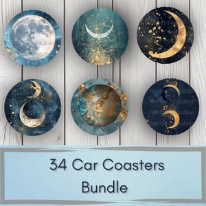 May include: A set of 34 printable car coasters featuring a celestial theme with gold and blue watercolor designs. The coasters feature moons and stars with a gold glitter effect.