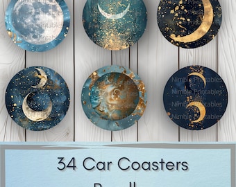Celestial Moon Car Coaster PNG, Instant Downloads Bundel, Sublimatie Design, Autoaccessoires, Star PNG
